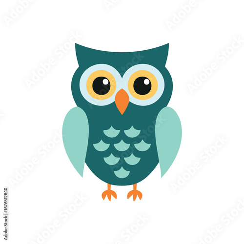 Teal owl with large yellow eyes and orange beak bird