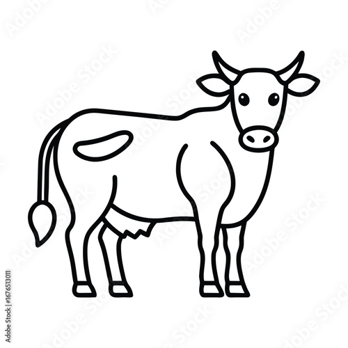 Simple Line Art Illustration of a Friendly Cow, Farm Animal, Black and White, Cartoon Style