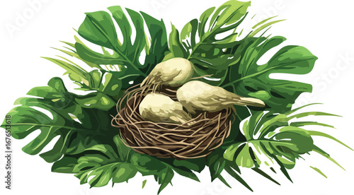 Three fluffy baby birds nestled together in a twig nest surrounded by lush green tropical leaves