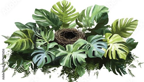 A small natural bird nest nestled within lush green tropical monstera plant leaves