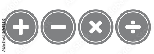 Four basic mathematical operation symbols plus minus multiply and divide. Round plus and minus icons set. eps 10