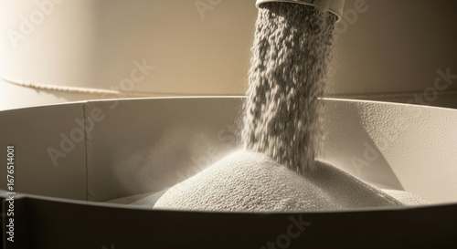 Granulated powder material pouring into industrial container in manufacturing plant under sunlight, creating mound of refined grains for production process efficiency