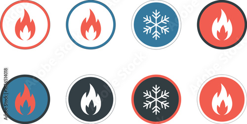 Collection of circular icons depicting flame and snowflake symbols, representing heat and cold