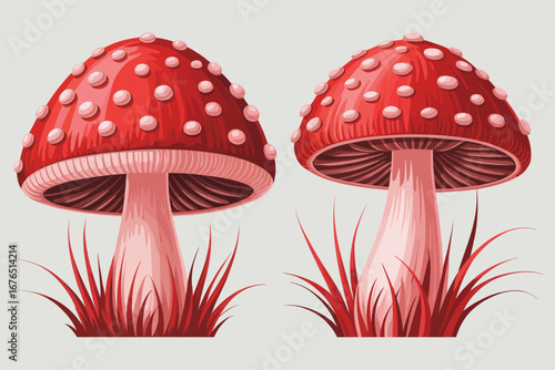 Whimsical Red Mushroom Illustration with White Spots, Surrounded by Grassy Foliage
