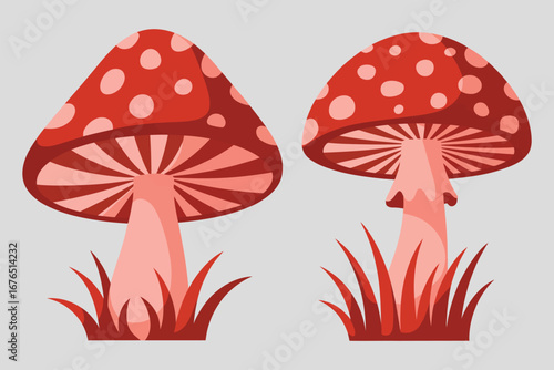 Cartoon Mushroom Duo Vibrant Red and White Spotted Fungi in Lush Grass