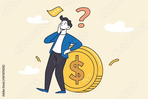 Money question, where to invest, pay off debt or invest to earn profit, financial choice or alternative to make decision concept, businessman investor holding money coin thinking about investment.