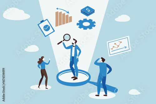 Corporate transparency, integrity or trust, business management with responsibility, financial transparent, legal or agreement for ethic report concept, businessman on magnifying glass transparency.