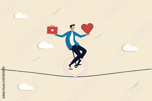 Work life balance, working lifestyle compromise with family or personal health, choice or balance between work stress and relaxation concept, businessman balance himself with heart and briefcase.