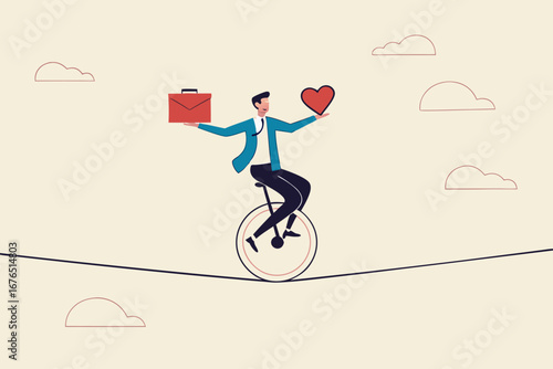 Work life balance, working lifestyle compromise with family or personal health, choice or balance between work stress and relaxation concept, businessman balance himself with heart and briefcase.