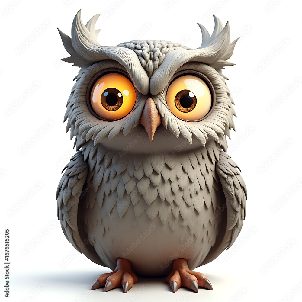 Fototapeta premium Adorable cartoon owl with big eyes isolated on white background illustration