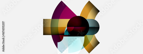 Abstract design features colorful overlapping shapes. Circular elements dominate composition, creating dynamic visual effect.