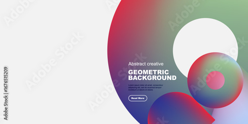 Abstract geometric design features vibrant overlapping circles, gradients. White space contrasts bold colors, text present. Modern aesthetic.