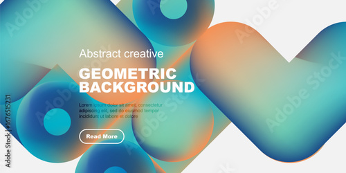 Abstract geometric background features vibrant blue, orange hues. Text overlay promotes content with read more button. Modern design.