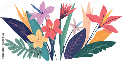 Vibrant tropical floral arrangement with exotic bird of paradise flowers and lush green foliage