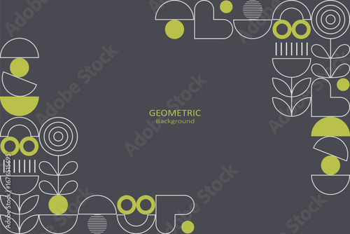 Geometric floral with white and green line art on a gray background, featuring abstract shapes, hearts, and circles with copy space, perfect for minimalist design themes
