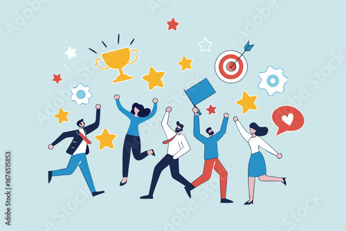 Employee engagement, work satisfaction or happiness, company commitment or employee appreciation, wellbeing or inclusive concept, happy business people employees jump with work engagement elements. 
