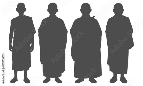 Set Silhouette Cartoon Character Buddha, Buddhist Leaders, Monks, and Spiritual Guides. Bundle Illustrations Representing Enlightenment, Dharma, Meditation, Compassion, and Buddhist Philosophy.