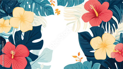 Vibrant tropical hibiscus flowers and lush green leaves create a beautiful floral border design