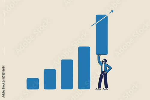Growth or improvement, increase sales or revenue raising, growing business or develop marketing plan to help gain more profit concept, confident businessman help lift up bar graph to new high level. 