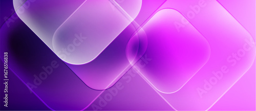 Abstract background features rounded squares, gradients, purple hues. Soft lighting creates luminous effect, modern design.