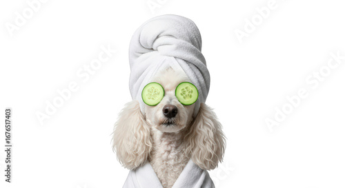 A white poodle dog wearing a white bathrobe and a white towel on its head, with cucumber slices on its eyes, isolated on transparent background