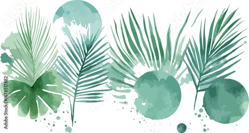 Soft watercolor painting of lush green tropical leaves and abstract circles on white background