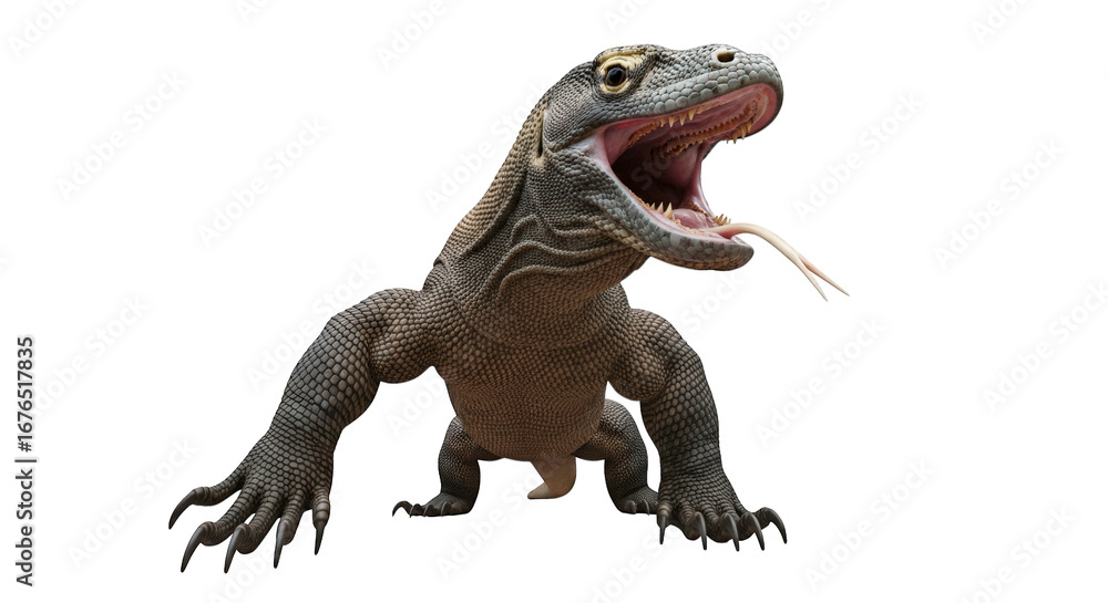 Obraz premium A large komodo dragon with its mouth open and tongue flicking, displaying its powerful jaws and sharp teeth, isolated on transparent background