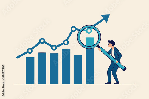 Trend analysis, marketing and sales information, analyze or predict trend line or profit, business forecast report concept, businessman analyst analyze trend graph and chart with magnifying glass.