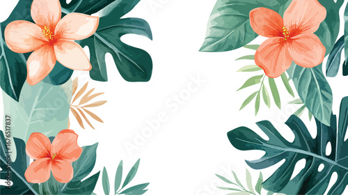 Vibrant watercolor tropical floral border with lush green leaves and orange hibiscus flowers