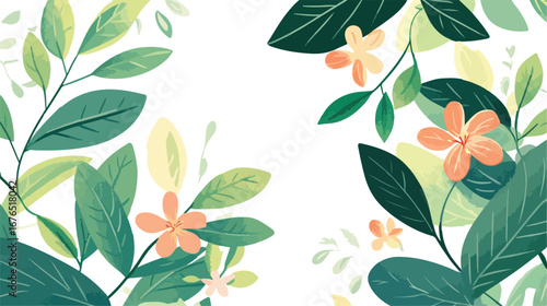 Delicate watercolor floral border with lush green leaves and soft peach blossoms on white background
