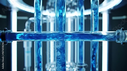 Bright blue liquid flowing through a complex system of clear glass pipes and tubes in a modern laboratory or industrial setting, illuminated by internal lights.