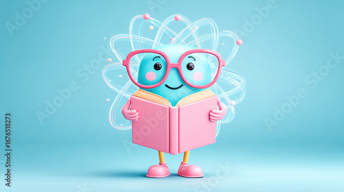 Atom, A humorous illustration of an atom with glasses reading a science book.