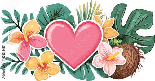 Tropical heart surrounded by exotic flowers lush leaves and a coconut