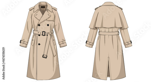 Elegant Trench Coat Illustration: Front and Back View, Perfect for Fashion Design Projects showcasing its classic style and versatility, suitable