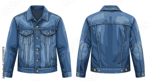 Stylized Denim Jacket Illustration: Front and Back Views with Button Details and Elbow Patches for Fashion Design