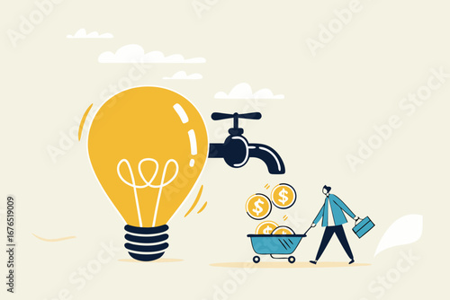 Startup company start generate revenue or income, business idea to make money, gain profit or create sales concept, businessman get money from revenue faucet flowing from lightbulb idea. 