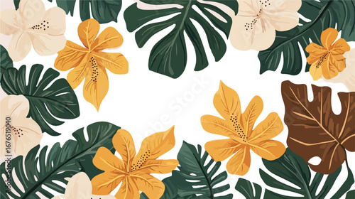 Vibrant tropical floral arrangement with lush green leaves and exotic orange flowers