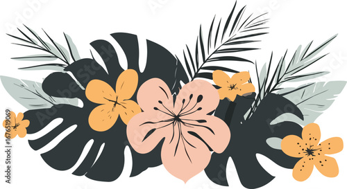 Tropical floral arrangement with dark green monstera leaves and peach hibiscus flowers