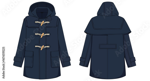 Illustrated navy duffle coat, showcasing a classic outerwear design with its unique toggle closures and hood, front and back view displayed on a