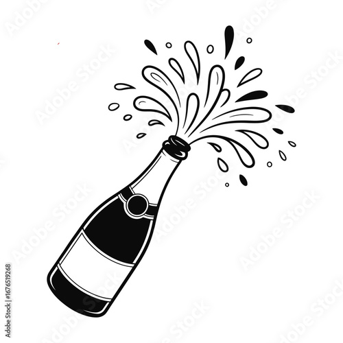 Champagne bottle exploding with bubbly liquid in a dynamic silhouette style