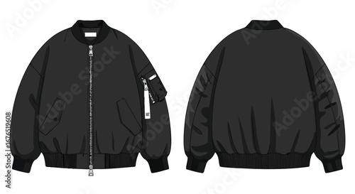 Minimalist depiction showcasing a classic black bomber jacket design with front and back views on a pristine white canvas background, focusing on