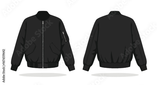 Sleek and adaptable black bomber jacket illustration showcasing front and back views in a minimalist design suitable for various digital applications