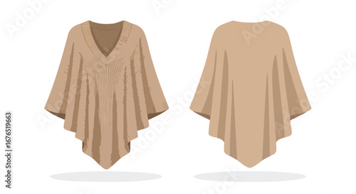 Neutral beige poncho front and back views displaying contemporary fashion elements, showcasing an abstract design with modern aesthetic