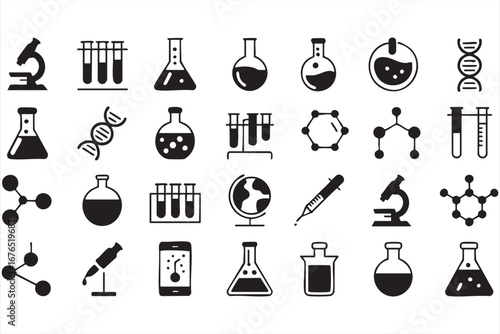 Scientific Research Vector Icons Set Including Beakers, Flasks, and Test Tubes