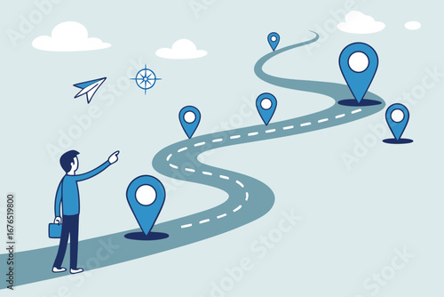 Success roadmap journey, milestone or career path achievement, route or pathway to achieve goals, accomplishment, assessment or way to success, businessman look at achievement milestone to success. 