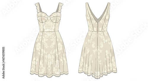 Elegant floral dress with delicate details, showcasing front and back design for fashion apparel collection mockups and clothing line design