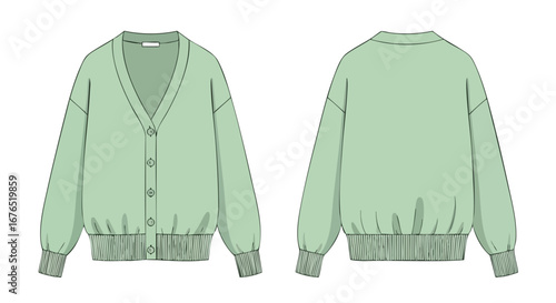 Detailed illustration of a mint green cardigan, displayed from both the front and back perspectives, rendered with precision and attention to detail