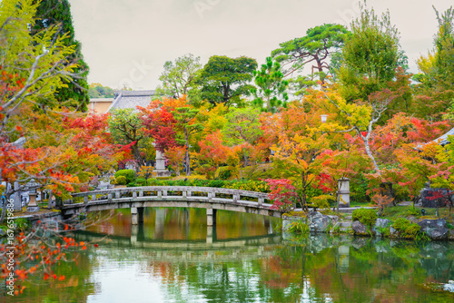 Eikando Zenrinji Temple, Japanese garden in autumn with maple leaves, stone bridge, and reflection pond in Kyoto, Japan