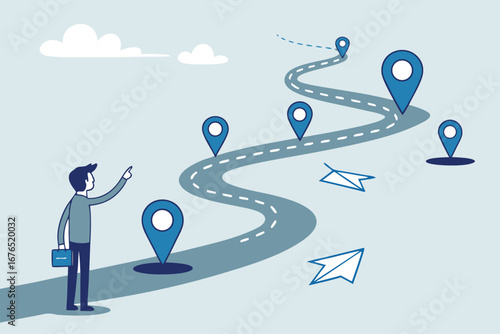 Success roadmap journey, milestone or career path achievement, route or pathway to achieve goals, accomplishment, assessment or way to success, businessman look at achievement milestone to success. 