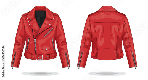 Vivid scarlet leather jacket design showcasing front and back views of a fashionable garment against a clean white backdrop